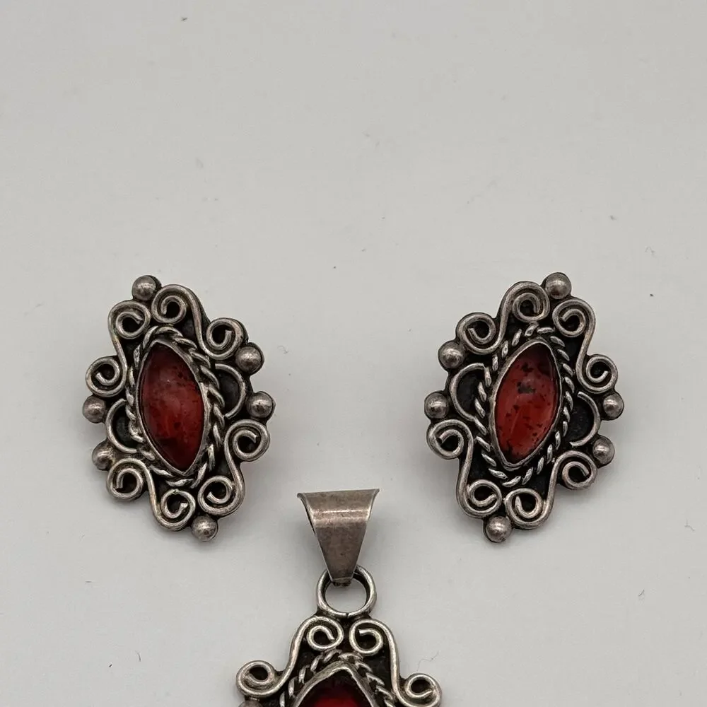 Sterling Silver Mexico Jewelry Set Earrings Pendant Filigree Cabochon Vintage - Picture 3 of 13